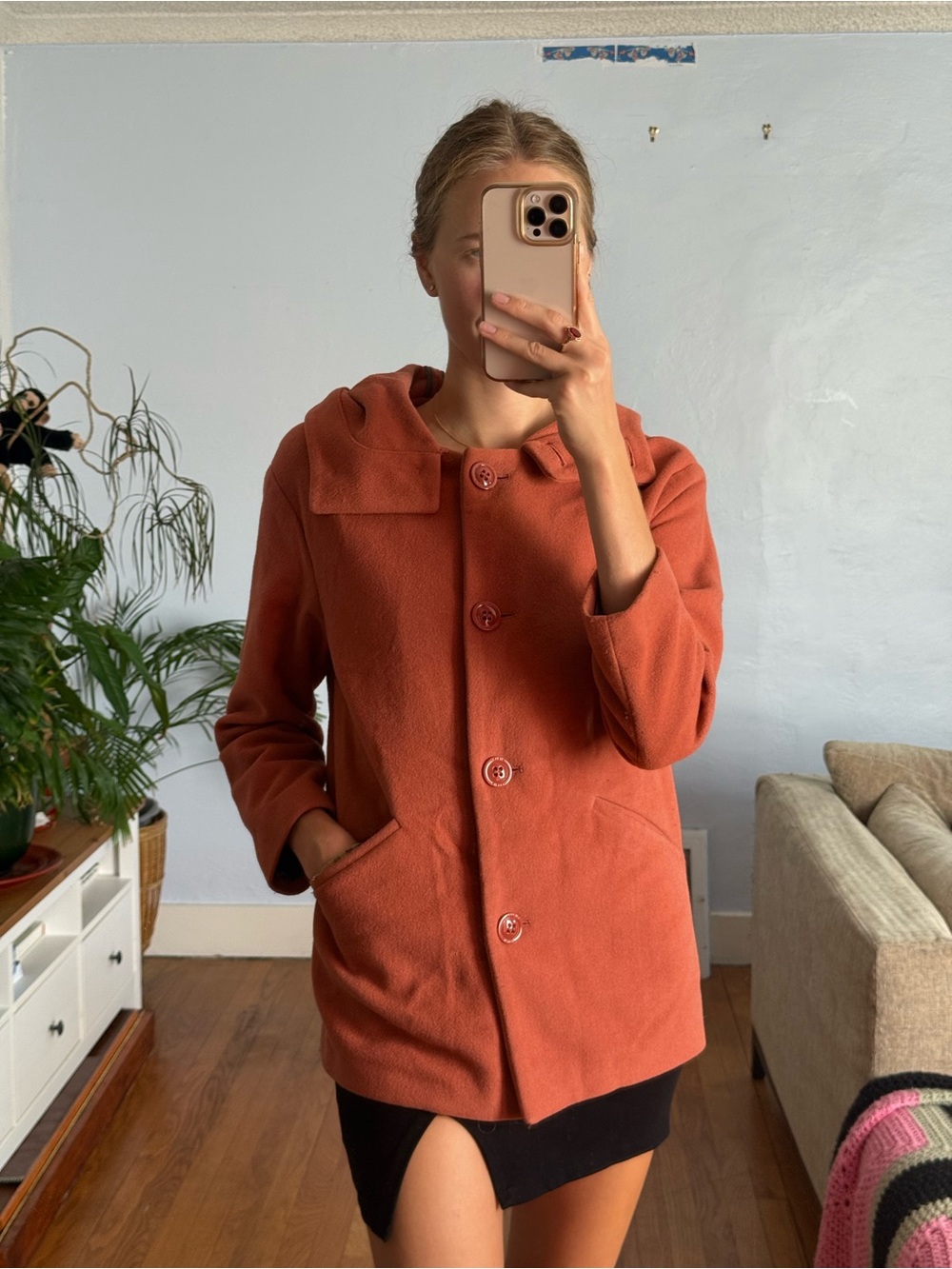 Sisley Rust-Orange Button-Front Wool and Cashmere Pea Coat with Hood